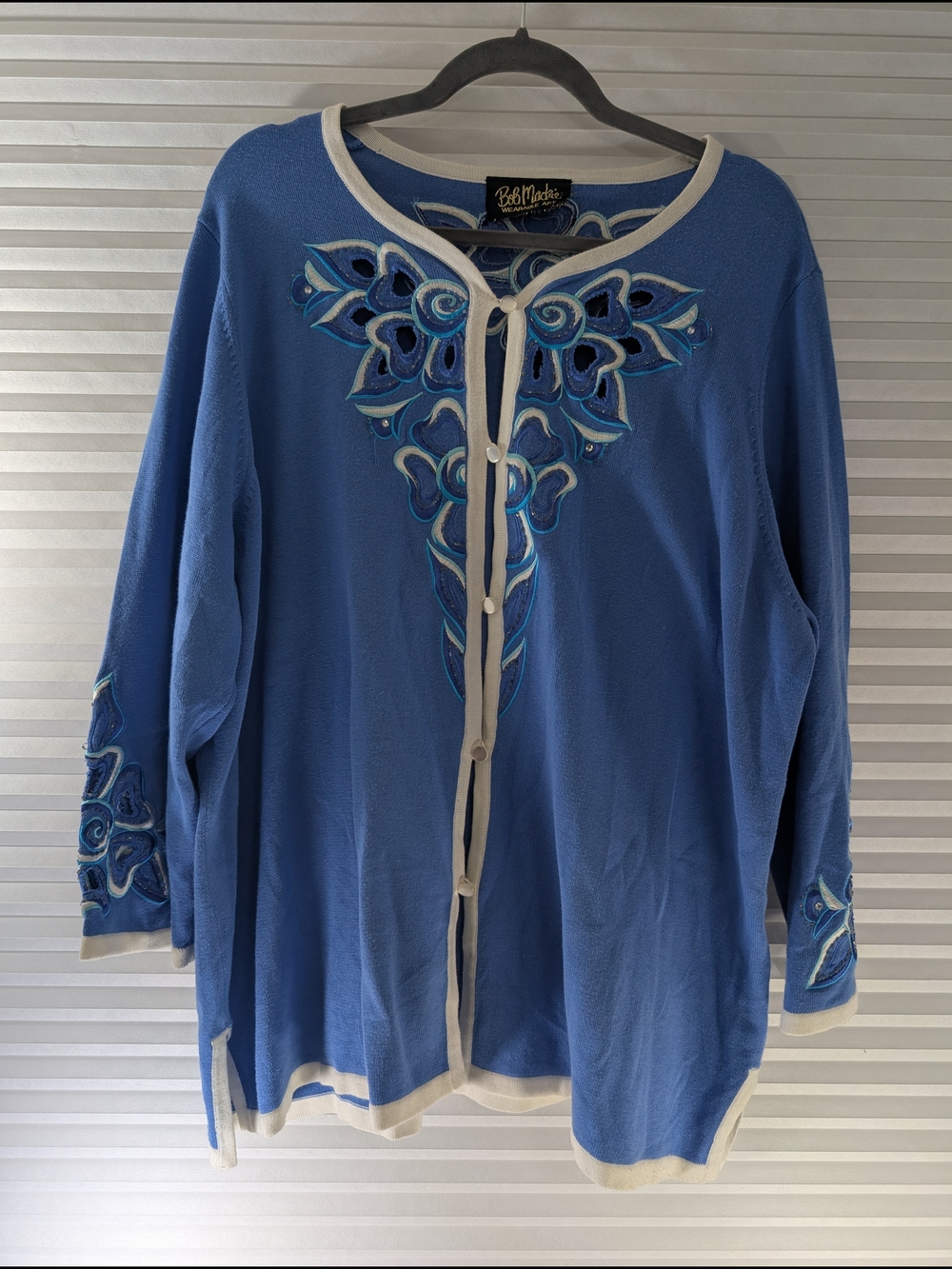 Vintage Bob Mackie Wearable Art Cardigan Blue Floral Embroidery Open Front - Picture 4 of 5